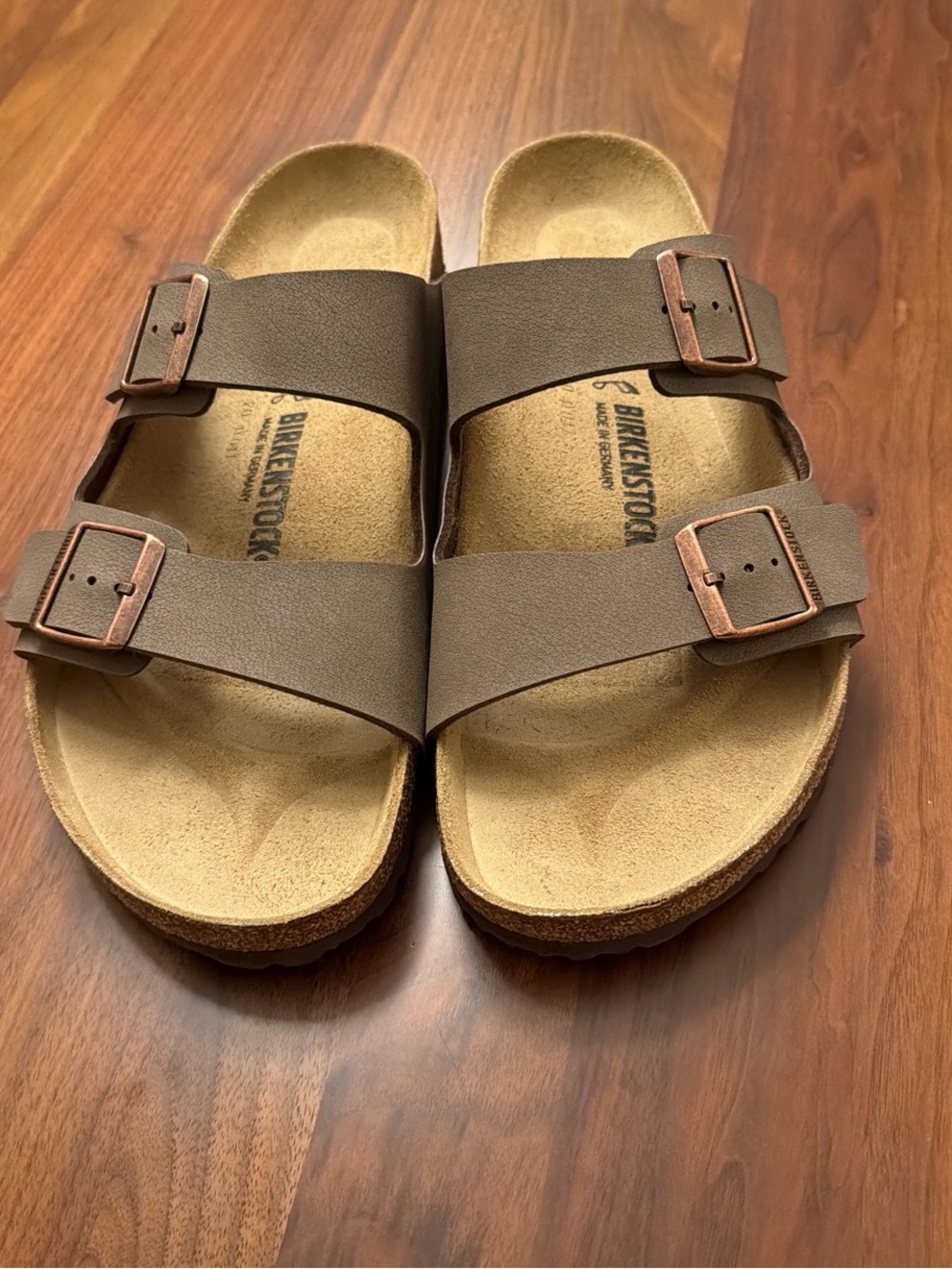 Birkenstock Men's Two-Strap Sandals in Dark Brown with Copper Buckles